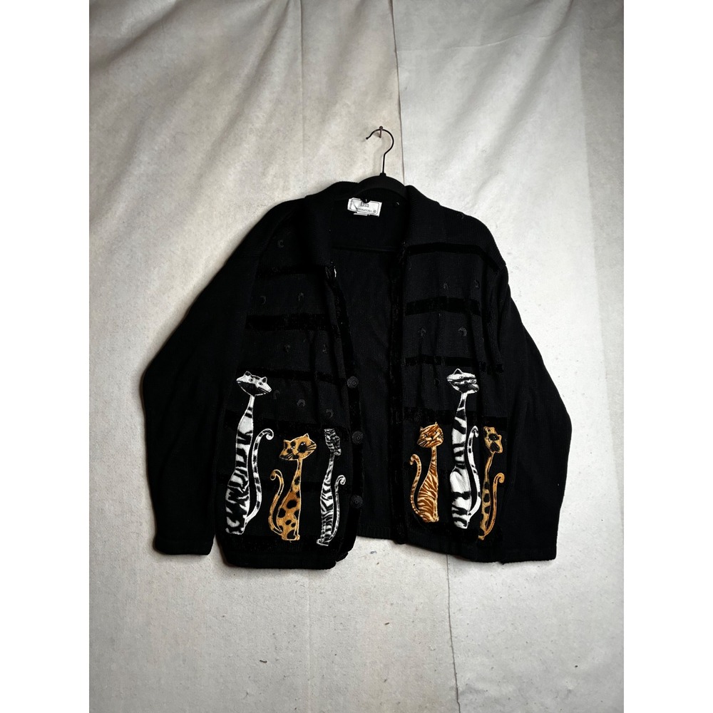 VTG Lisa International Cat Cardigan Sweater Black XL Ramie Cotton Knit Button